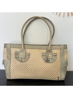 HELEN WELSH Grayish Green Leather & Woven Tote Handbag With Silvertone Hardware